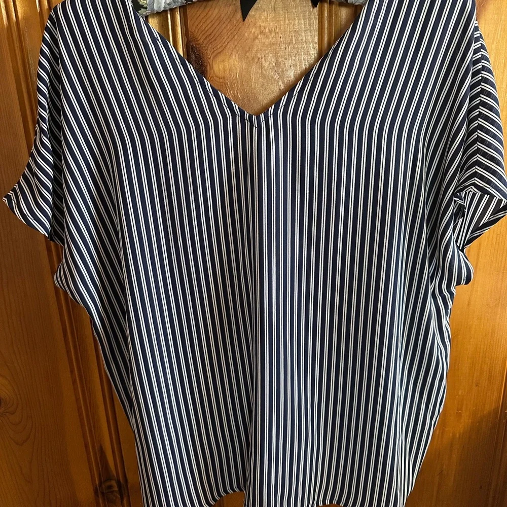 Michael Kors Navy and White Striped Zip-Front Tie Hem Blouse